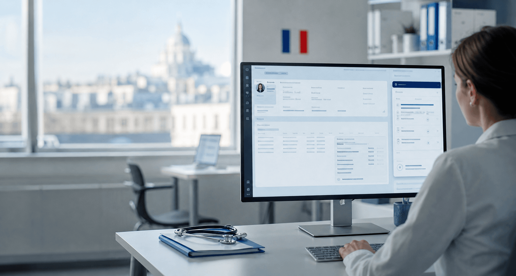 Poste clinique moderne avec interface de dossier patient et assistant IA